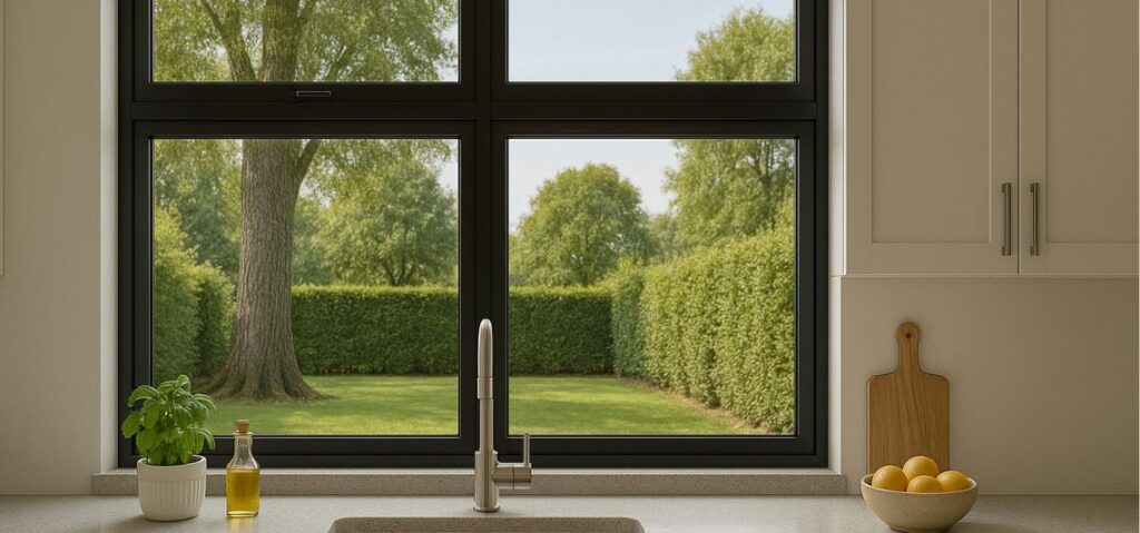 Ventanas con cristal fijo abajo en la cocina Ventanas con cristal fijo abajo en la cocina