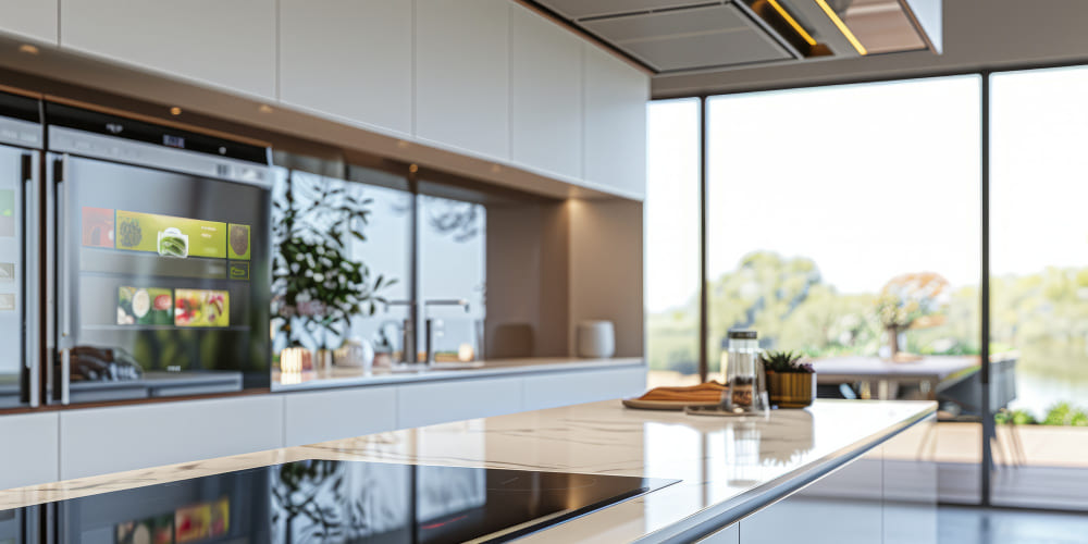 Cocina con ventana al salón cristal