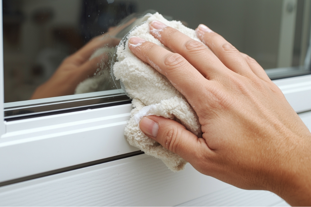 Primer plano de una persona limpiando con una esponja una ventana de aluminio blanco