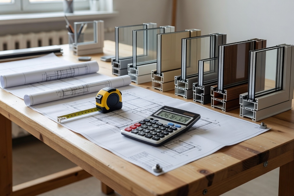 Varios perfiles de ventanas, planos, calculadora y una cinta de medir encima de una mesa.