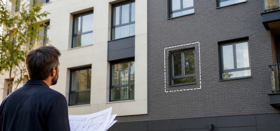 Propietario revisando la apertura de una ventana en la fachada de un edificio