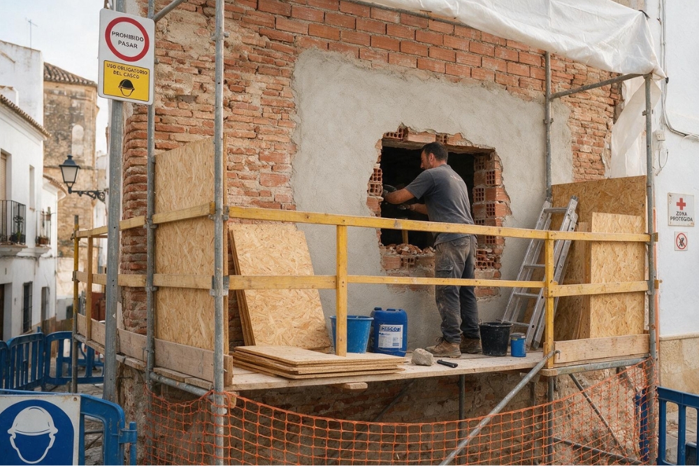 Profesional preparando un hueco para instalar una ventana en una fachada
